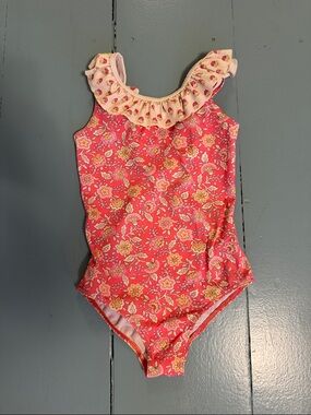Mini Boden Girls Floral One-Piece Swimsuit with Ruffle Collar - Pink  7/8